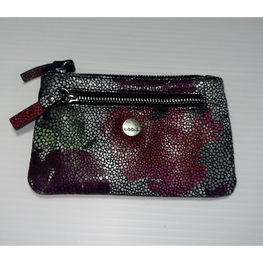 Lodis Floral Pebble Leather Coin Purse Pouch Multicolor Silver Hardware